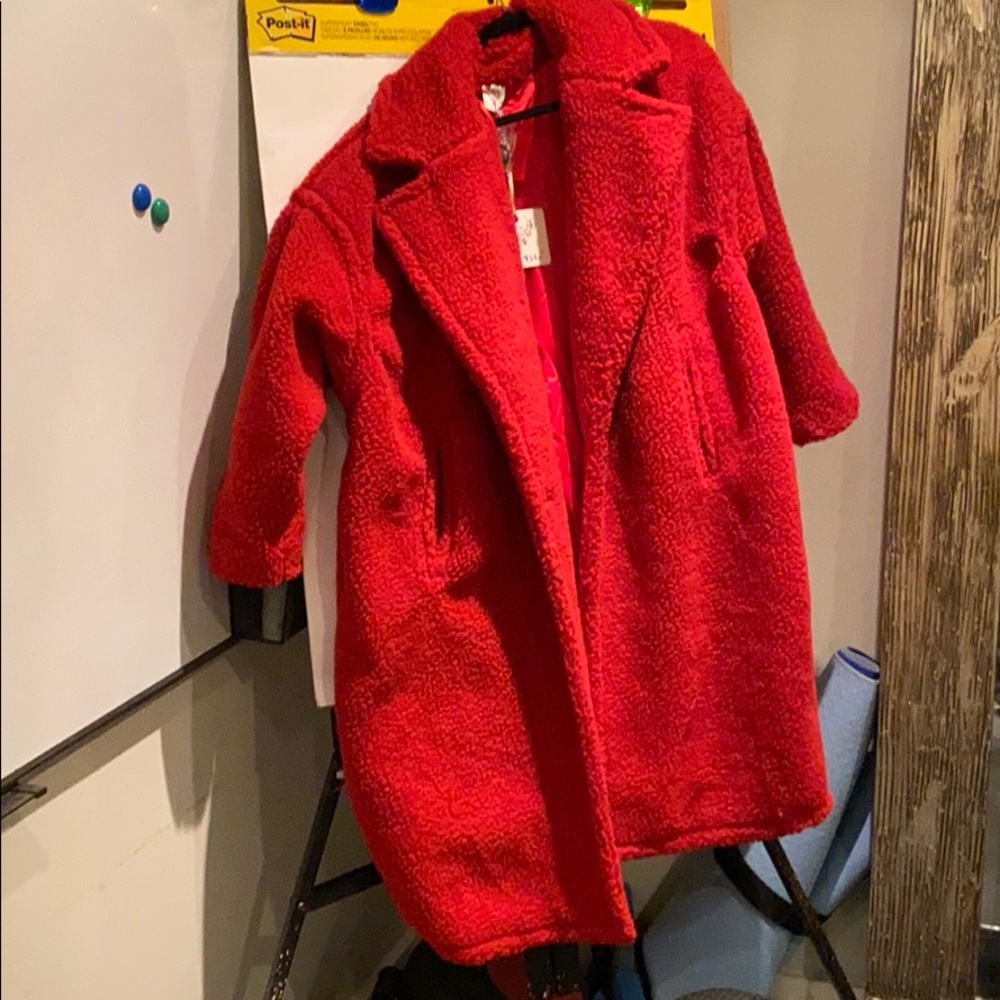 Teddy Bear Long oversized coat, bright crimson red